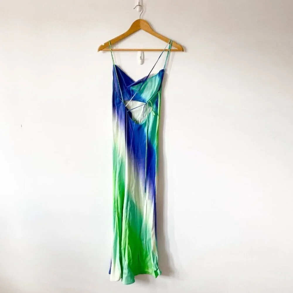 Zara Multicolored Tie Dye Satin Effect Cross Back Midi Dress Blue Green Ombre XS